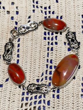 Antique Scottish Agate Cabochon Bracelet with Silver & Guilloche Enamel Links